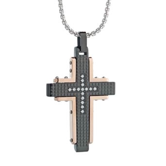 LYNX Men's Cubic Zirconia Tri-Tone Stainless Steel Cross Pendant