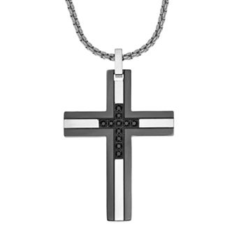 LYNX Men's Two Tone Stainless Steel 1/6 Carat T.W. Black Diamond Cross Pendant