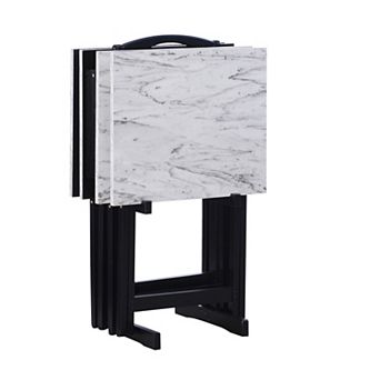 Linon White Faux Marble TV Tray Table 5 pc Set