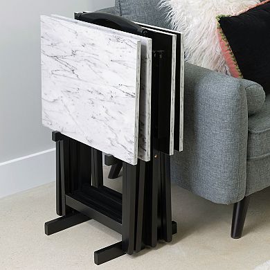 Linon White Faux Marble TV Tray Table 5-piece Set