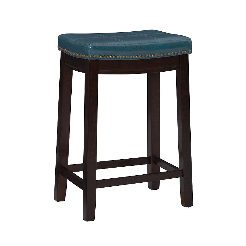 Claridge Backless Faux Leather Nailhead Saddle Counter Height Barstool Blue - Linon