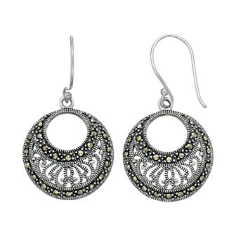 Tori Hill Sterling Silver Marcasite Filigree Hoop Drop Earrings