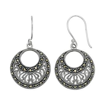 Tori Hill Sterling Silver Marcasite Filigree Hoop Drop Earrings