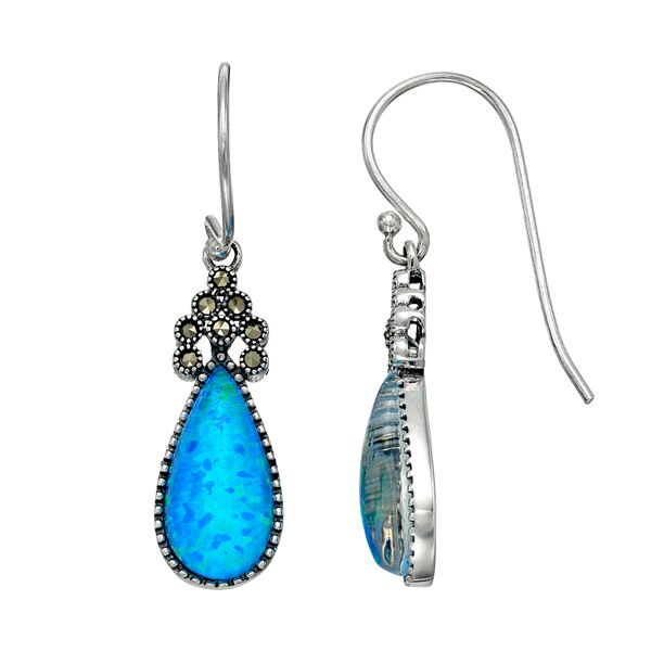 Tori Hill Sterling Silver Simulated Blue Opal & Marcasite Teardrop Earrings