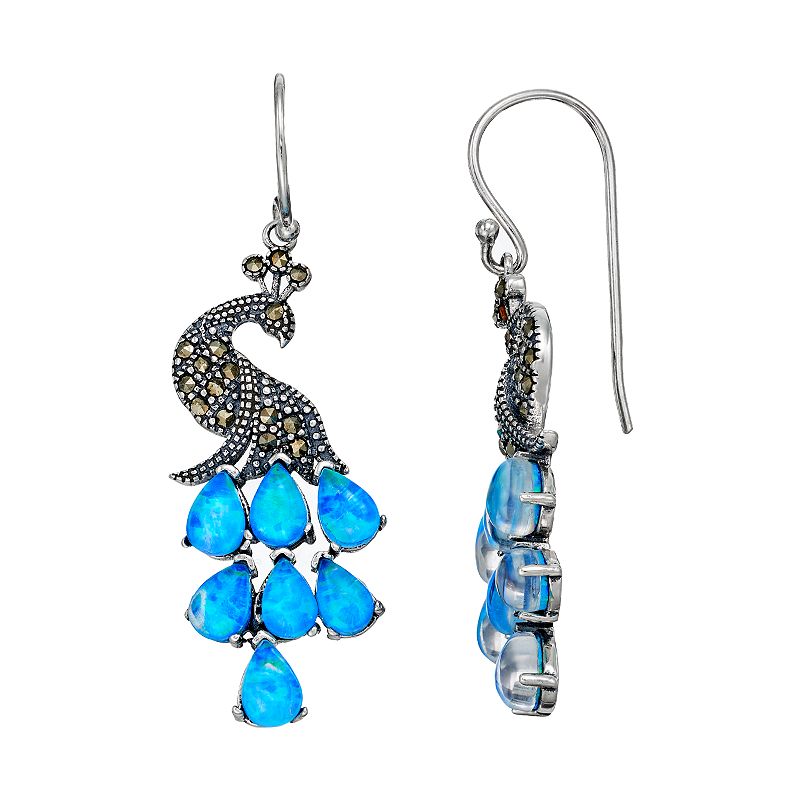 Tori Hill Sterling Silver Simulated Blue Opal & Marcasite Peacock Drop Earr