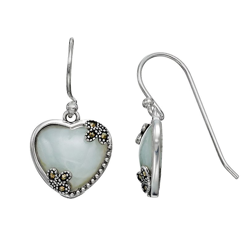 Tori Hill Sterling Silver Jade & Marcasite Heart Drop Earrings, Womens, Mu