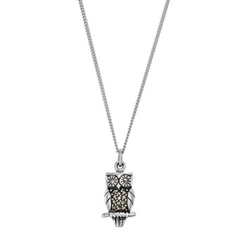 Tori Hill Sterling Silver Marcasite Owl Pendant Necklace