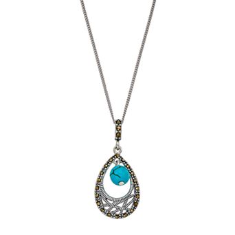 Tori Hill Sterling Silver Simulated Turquoise & Marcasite Teardrop Pendant Necklace