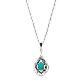 Tori Hill Sterling Silver Simulated Turquoise & Marcasite Teardrop Pendant Necklace