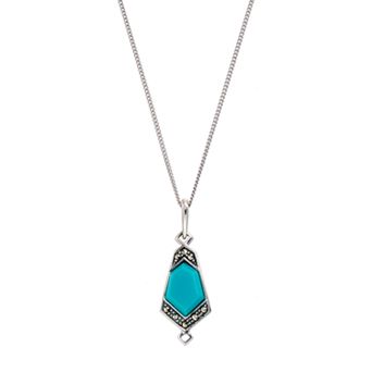 Tori Hill Sterling Silver Simulated Turquoise & Marcasite Geometric Pendant Necklace