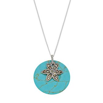 Tori Hill Sterling Silver Simulated Turquoise Disc & Marcasite Flower Pendant