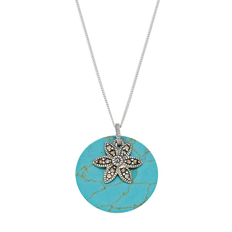 Tori Hill Sterling Silver Simulated Turquoise Disc & Marcasite Flower Pend