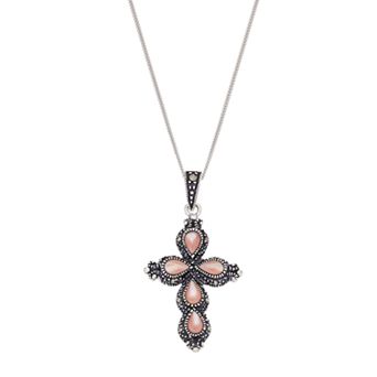 Tori Hill Sterling Silver Pink Shell & Marcasite Cross Pendant