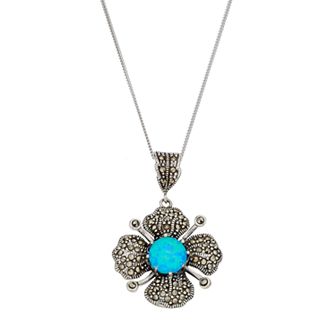Tori Hill Sterling Silver Simulated Blue Opal & Marcasite Flower Pendant