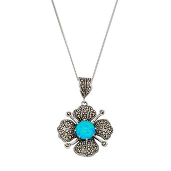 Tori Hill Sterling Silver Simulated Blue Opal & Marcasite Flower Pendant