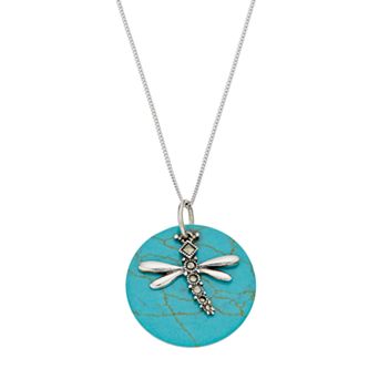 Tori Hill Sterling Silver Simulated Turquoise Disc & Marcasite Dragonfly Pendant