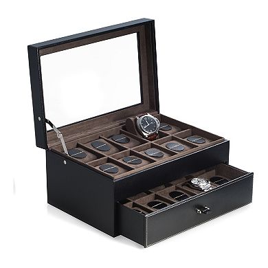 Bey-Berk Leather Black 20-Slot Watch Storage Case