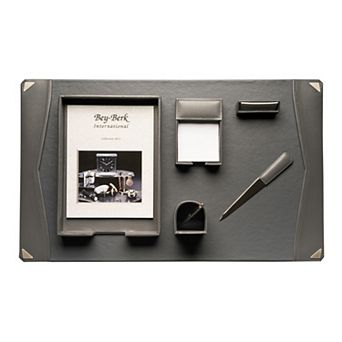 Bey-Berk 6 pc Gray Leather Desk Set