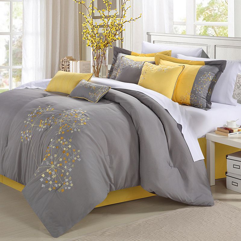 33780015 Chic Home Floral 8-piece Bed Set, Yellow, Queen sku 33780015