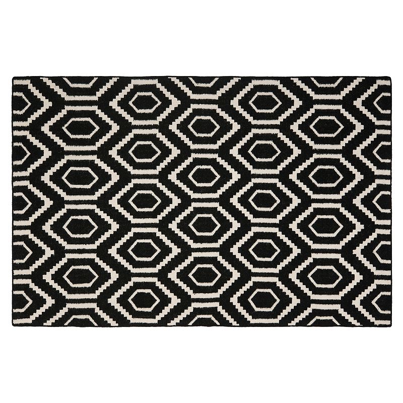 Safavieh Dhurries Flat Hex Handwoven Flatweave Wool Rug, Black, 8Ft Sq