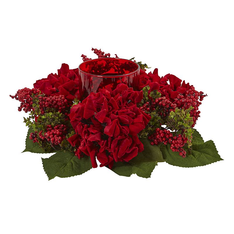 nearly natural Artificial Hydrangea & Berry Candle Holder, Red, Floral