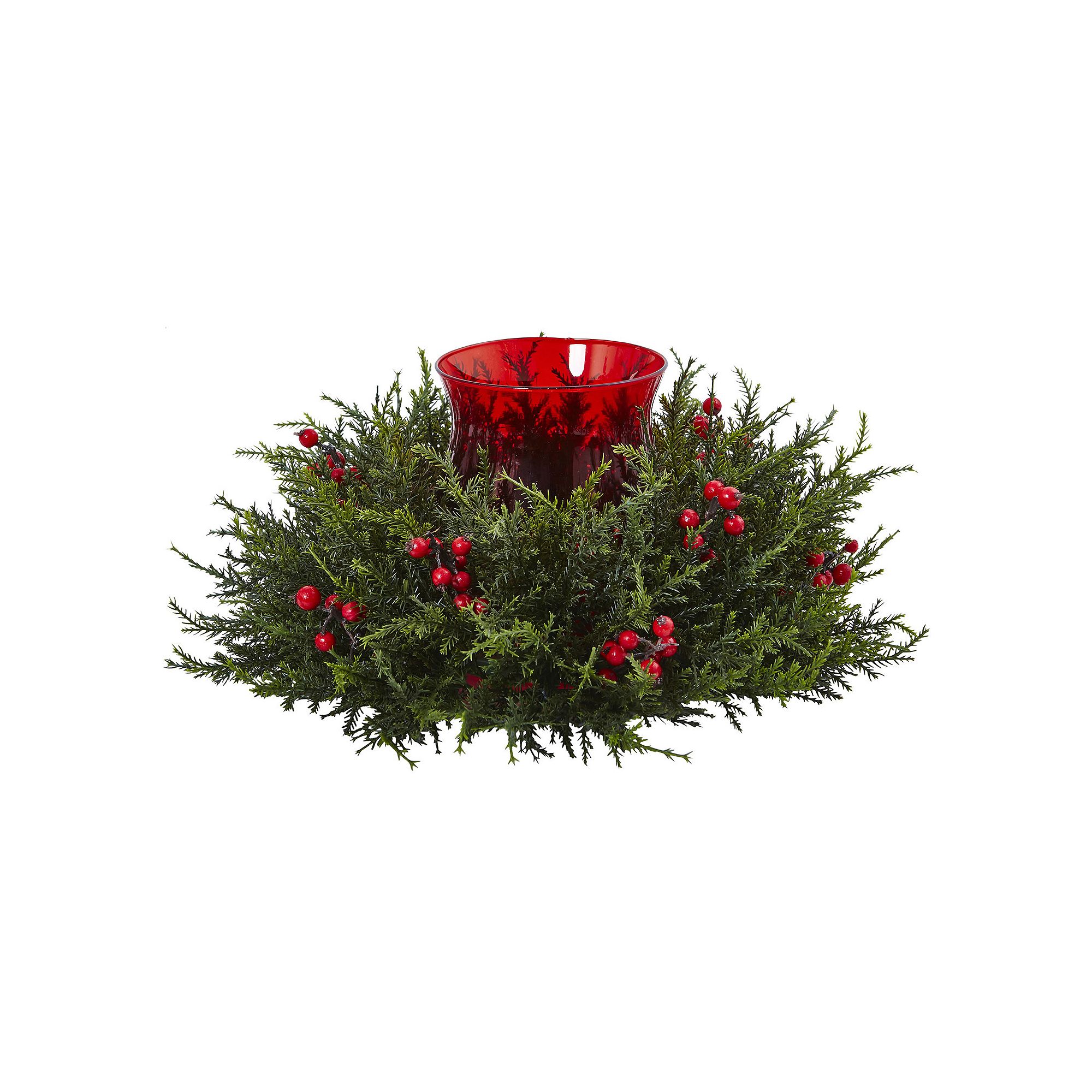 nearly natural Artificial Cedar Berry Candle Holder, Green Red