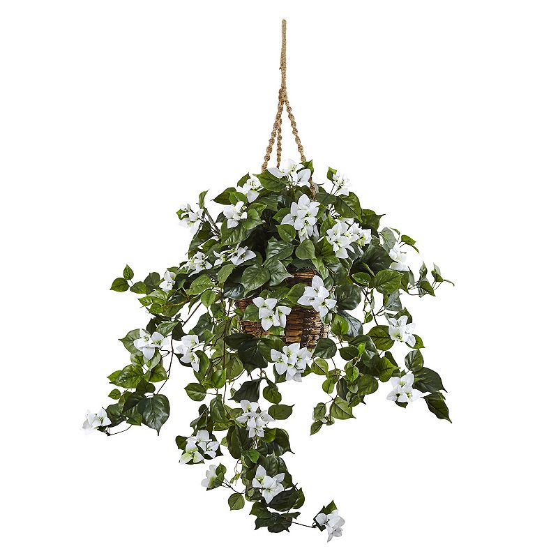 nearly natural Artificial Bougainvillea Hanging Basket, White, Floral