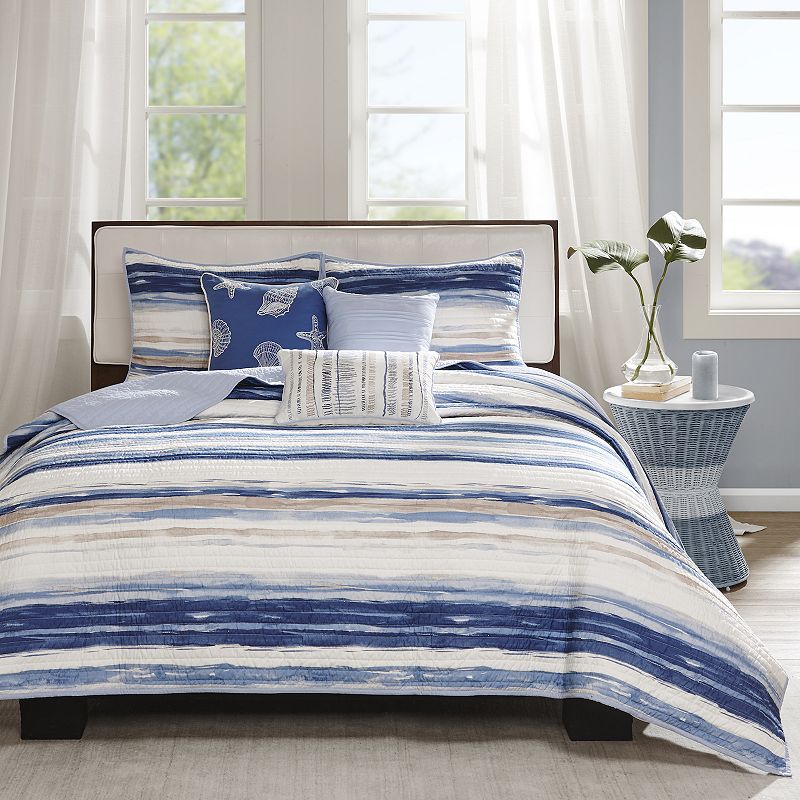 Fairbanks Beach Striped Quilted Coverlet Set (Full/Queen) Blue - 6pc