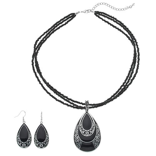 Multistrand Seed Bead Teardrop Pendant Necklace & Earring Set