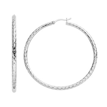 Platinum Over Silver Textured Hoop Earrings
