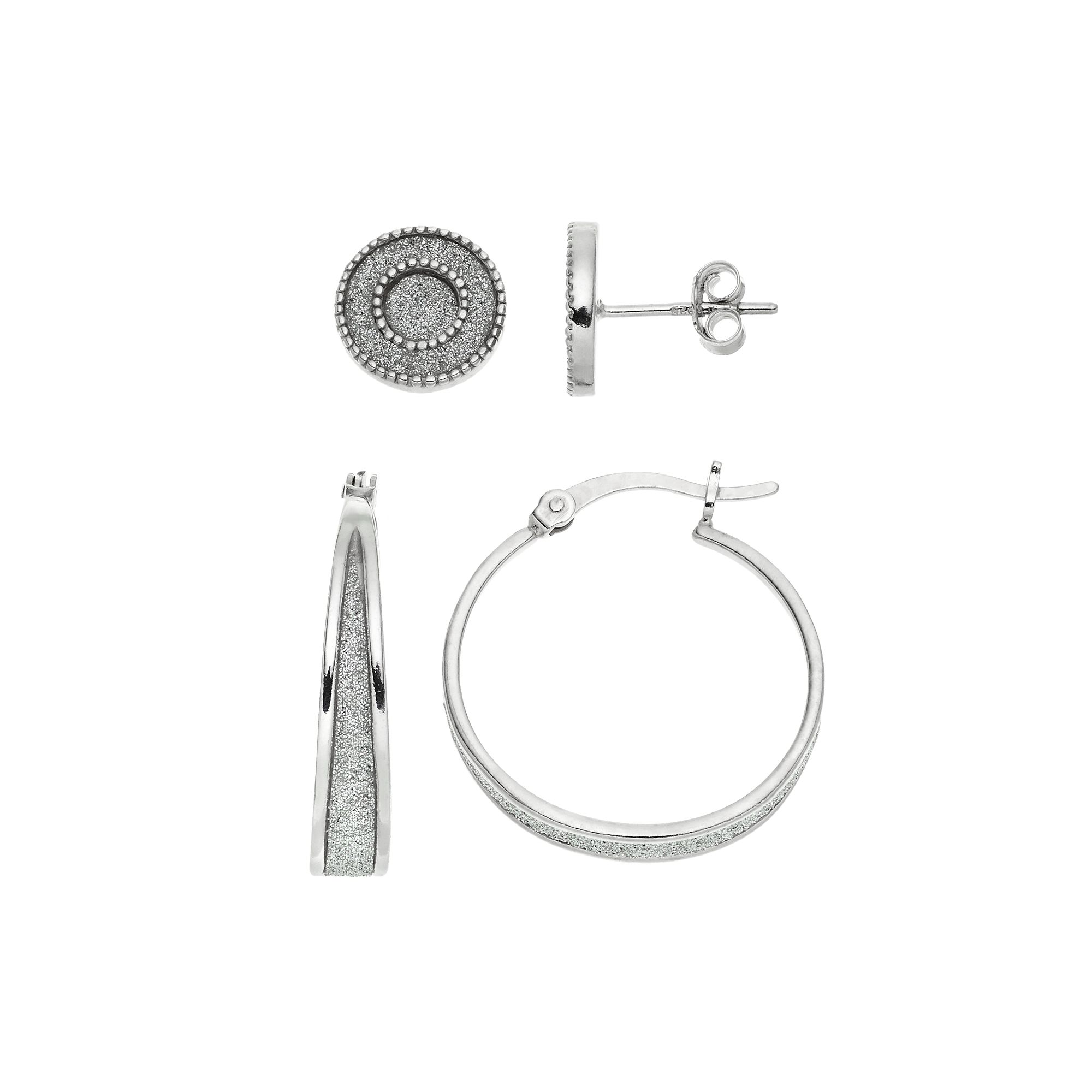 Platinum Over Silver Stud & Hoop Earring Set, Womens, Grey