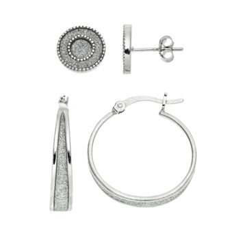 Platinum Over Silver Stud & Hoop Earring Set
