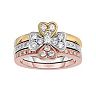 Tri-Tone Sterling Silver Cubic Zirconia Heart Stack Ring Set