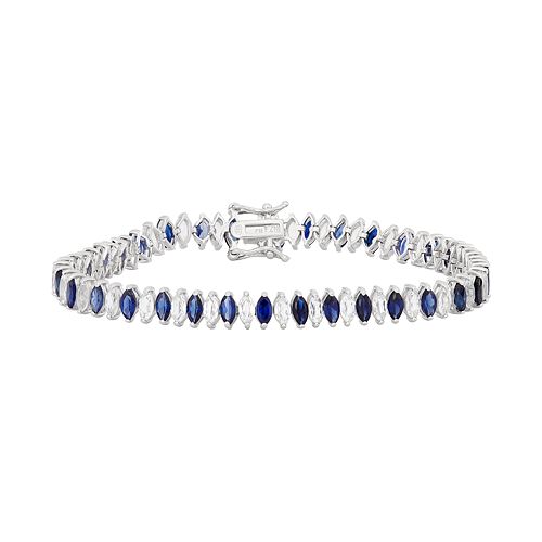 Sterling Silver Lab-Created White & Blue Sapphire Marquise Tennis Bracelet