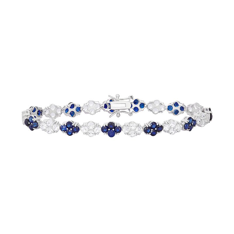 Sterling Silver Lab-Created Blue & White Sapphire Flower Tennis Bracelet, 