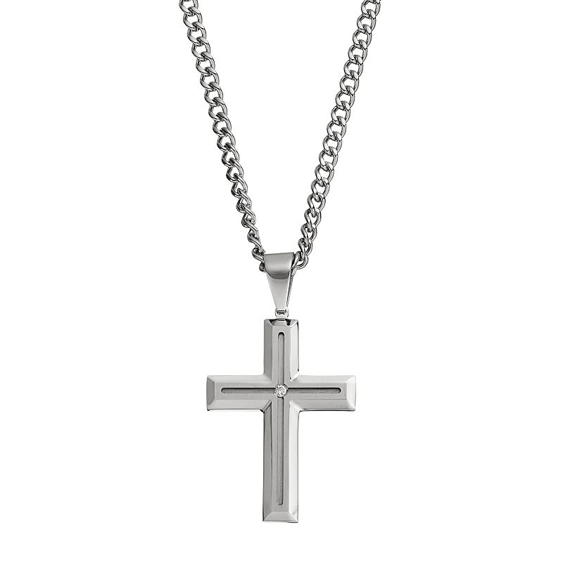 Mens Stainless Steel Diamond Accent Cross Pendant Necklace, Womens, White