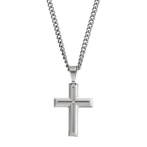 Men's Stainless Steel Diamond Accent Cross Pendant Necklace