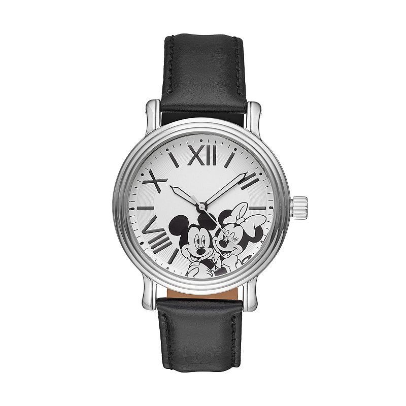 Disneys Mickey & Minnie Mouse Unisex Leather Watch, Womens, Black