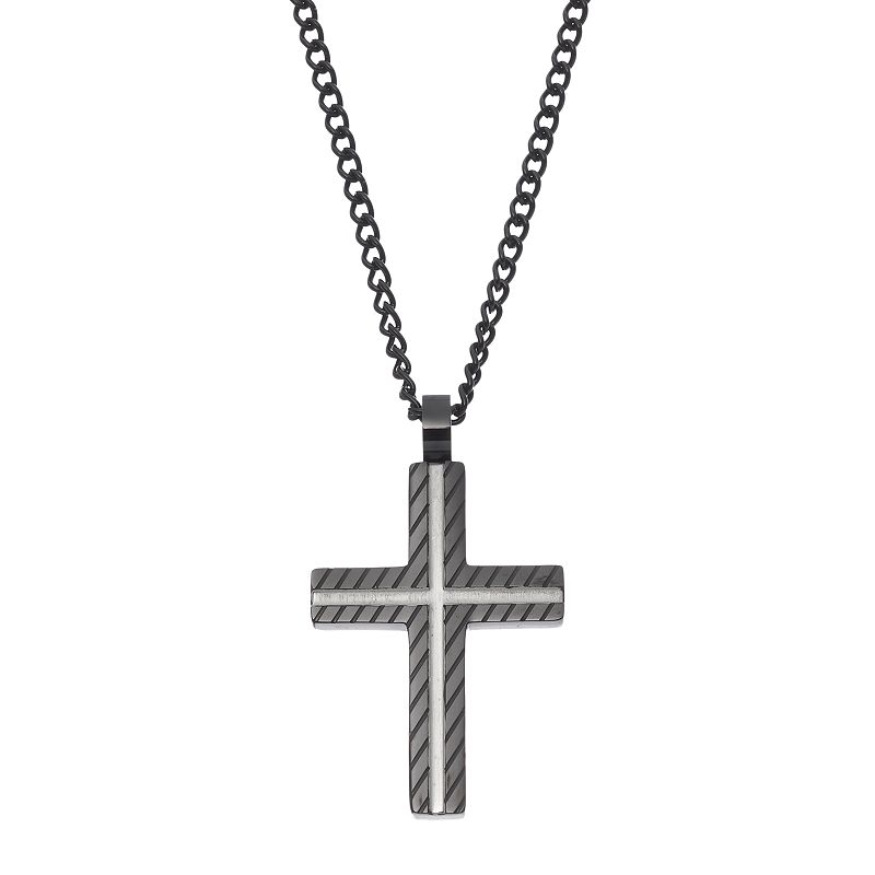 FOCUS FOR MEN Stainless Steel Textured Cross Pendant Necklace, Mens, Black