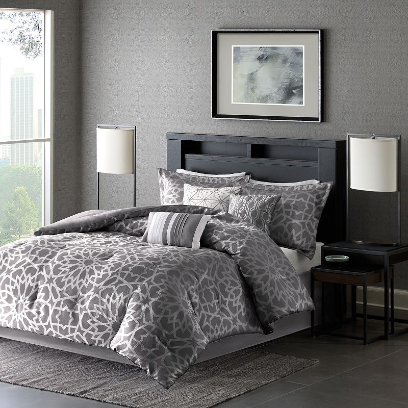 Madison Park Elena 7-piece Jacquard Comforter Set with Throw Pillows, Grey,