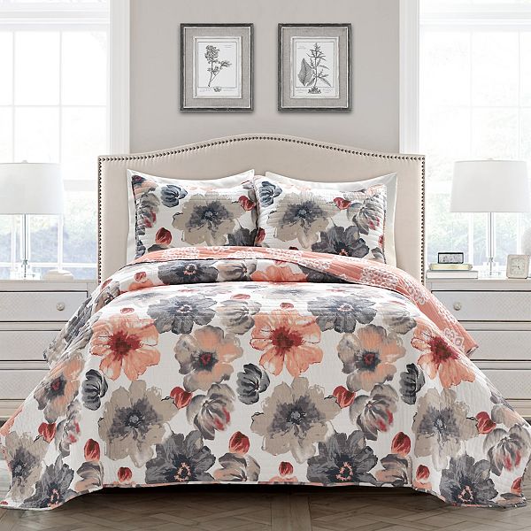 3pc King Leah Quilt Set Coral/Gray - Lush D&eacute;cor