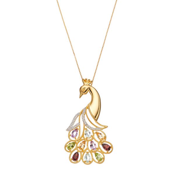 18k Gold Over Silver Gemstone & 1/10 Carat T.W. Diamond Peacock Pendant