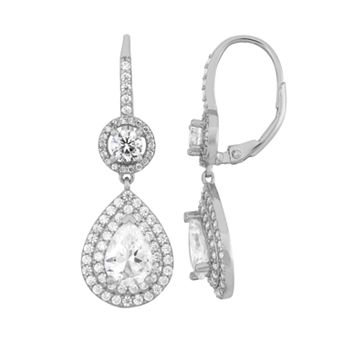 Sterling Silver Cubic Zirconia Teardrop Halo Earrings