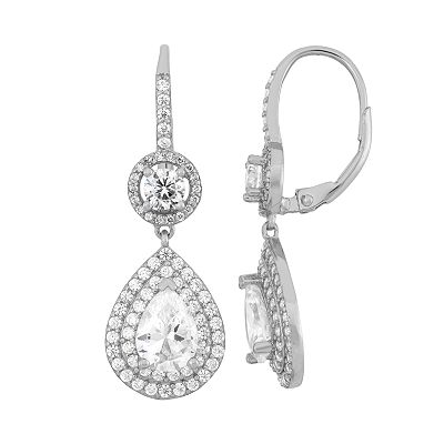 Sterling Silver Cubic Zirconia Teardrop Halo Earrings