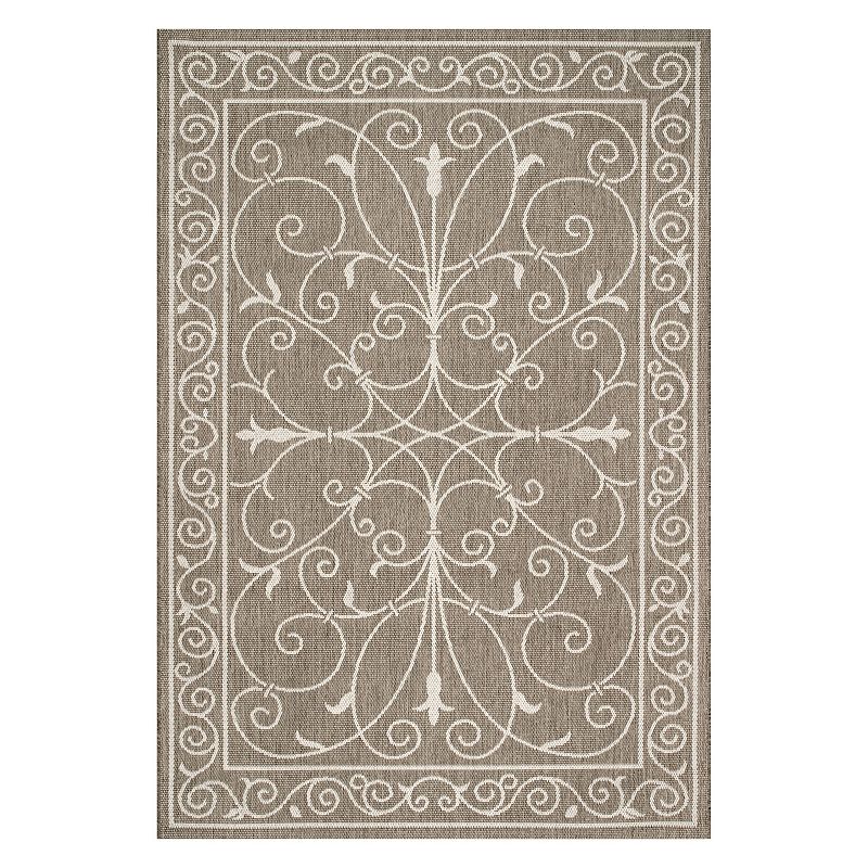 nuLOOM Alexa Framed Scroll Indoor Outdoor Rug, Beig/Green, 7.5X11 Ft