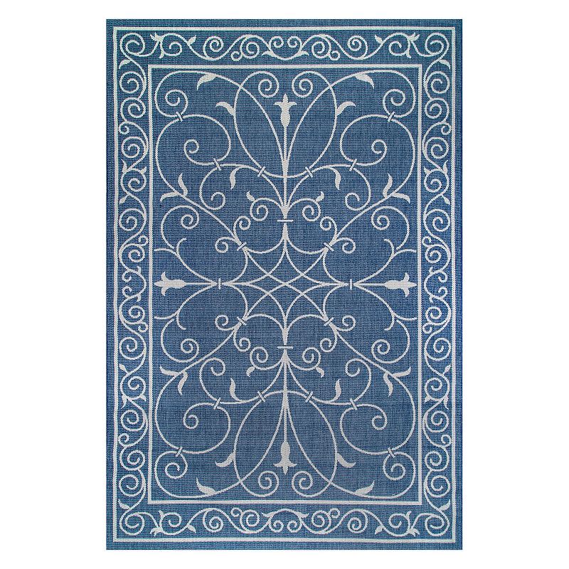 nuLOOM Alexa Framed Scroll Indoor Outdoor Rug, Blue, 7.5X11 Ft