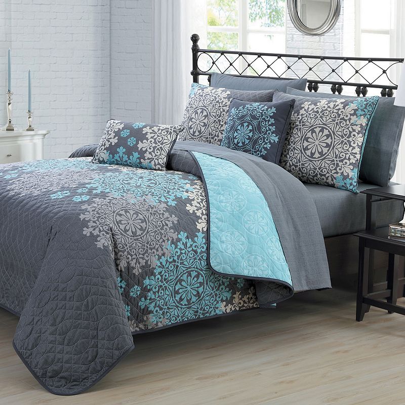 Avondale Manor Amber Quilt Set with Coordinating Throw Pillows, Blue, Twin