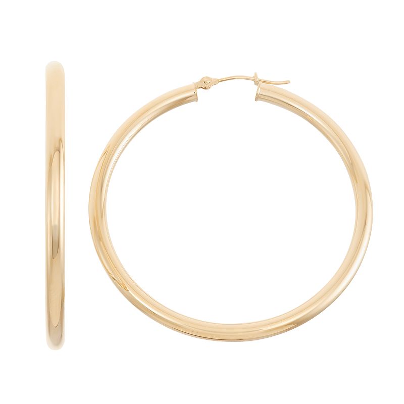 14k Gold Tube Hoop Earrings - 40 mm, Womens, Yellow