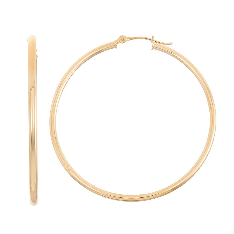 14k Gold Tube Hoop Earrings - 50 mm, Womens, Yellow