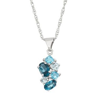 Classic Treasures Sterling Silver London Blue Topaz, Swiss Blue Topaz & Sky Blue Topaz Cluster Pendant Necklace